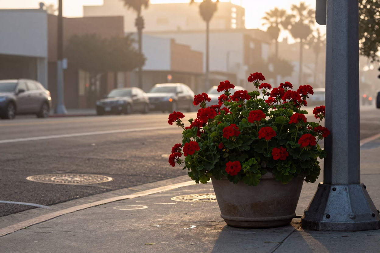 Los Angeles street scene at nautical dawn with red geraniums and urban architecture in in Los Angeles, California, United States