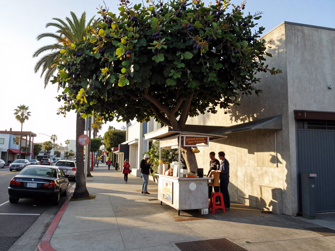 Los Angeles Street Scene with Fig Tree and Breakfast Stall After Sunrise in in Los Angeles, California, United States