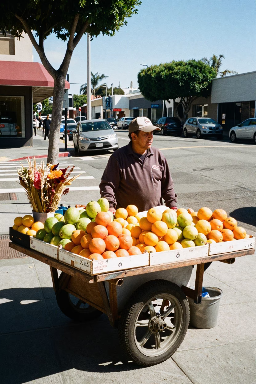 Los Angeles Street Vendor Selling Fresh Fruit and Dried Flowers in Early Afternoon Sunlight in in Los Angeles, California, United States