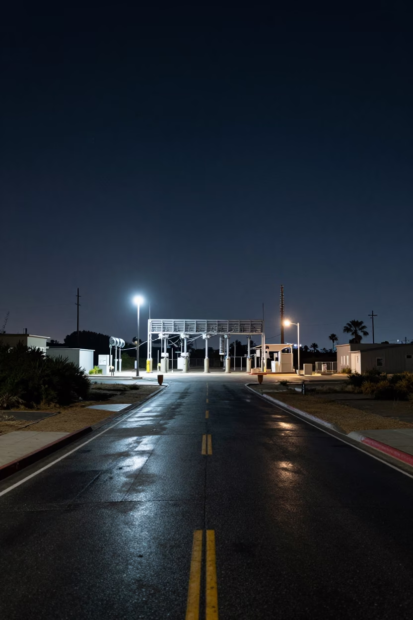 Los Angeles Substation Access Road Under Deep Night Sky with Oil Sheen Rainwater Puddles in in Los Angeles, California, United States