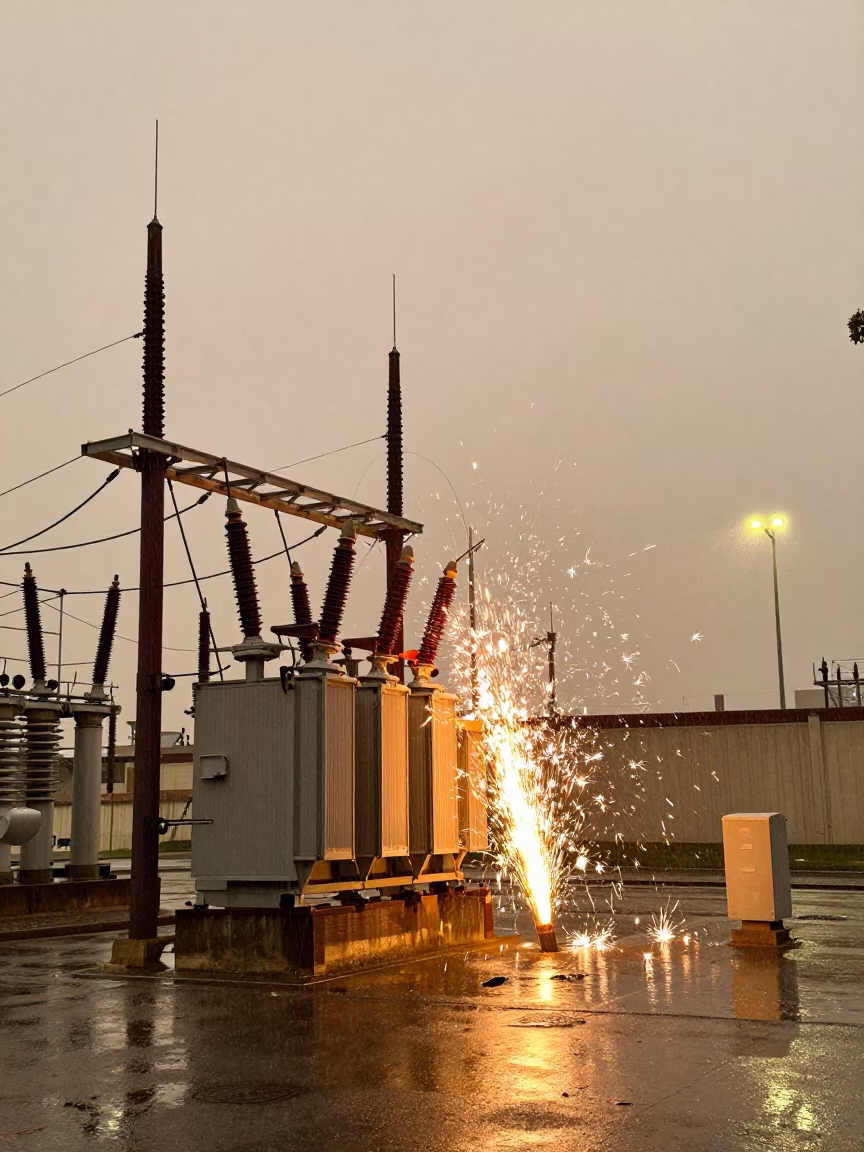 Los Angeles Substation Transformer Yard Sparkling with Rain Under Floodlights in Honeyed Evening Light in in Los Angeles, California, United States
