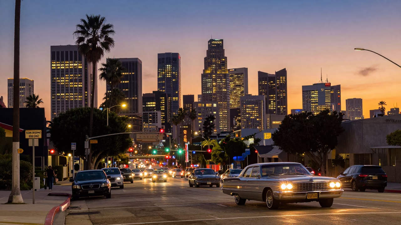 Los Angeles Sunset Boulevard Night View with Classic Car and Street Lamps in in Los Angeles, California, United States