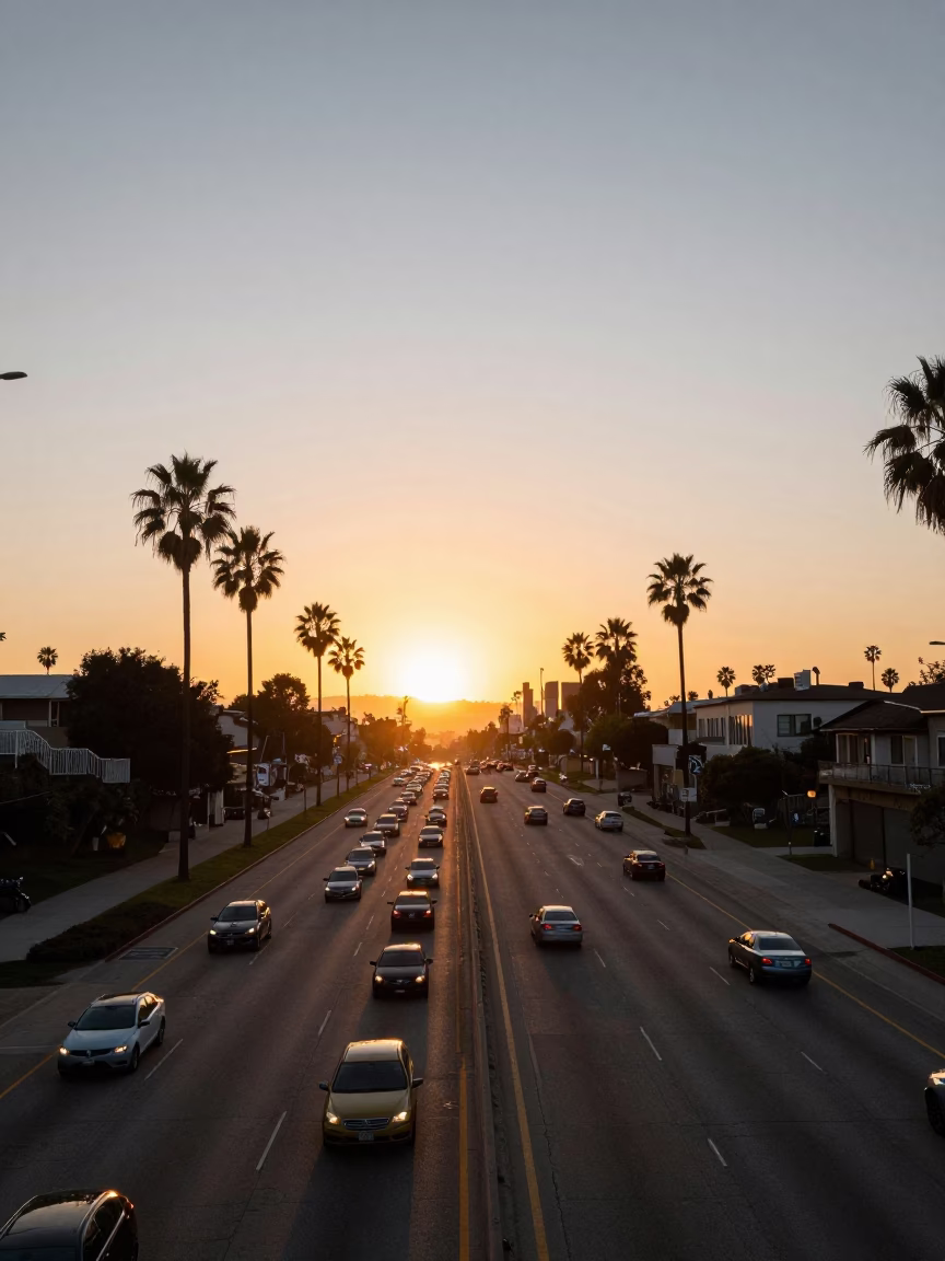 Los Angeles Sunset Highway Traffic Long Exposure Car Headlights Golden Hour in in Los Angeles, California, United States