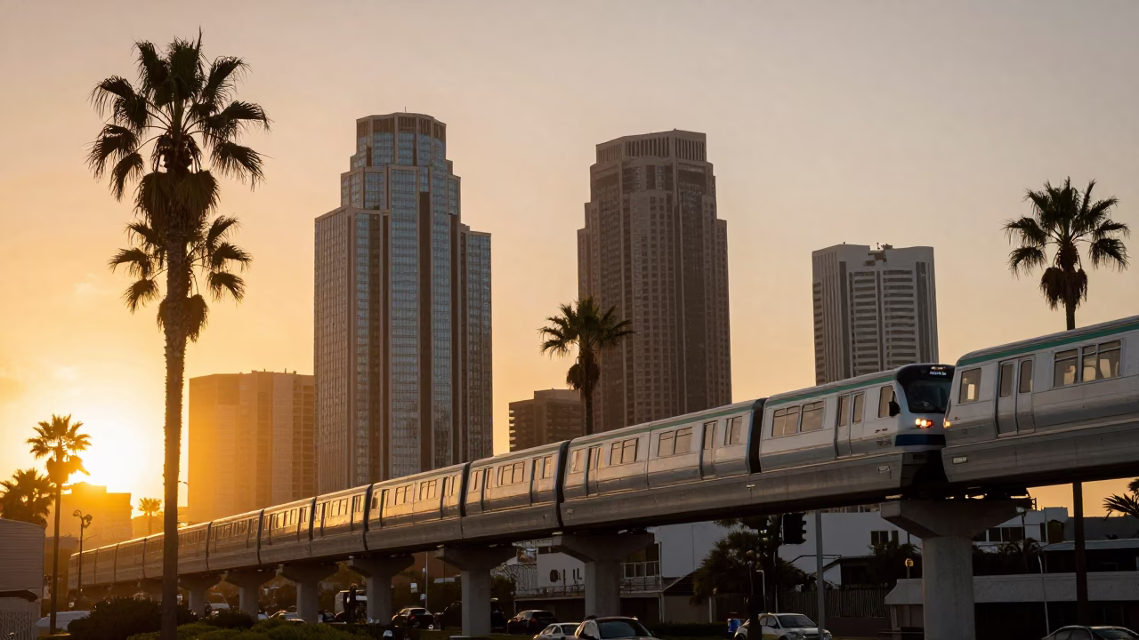 Los Angeles Sunset Monorail Passing Palm Trees and Glass Towers in in Los Angeles, California, United States