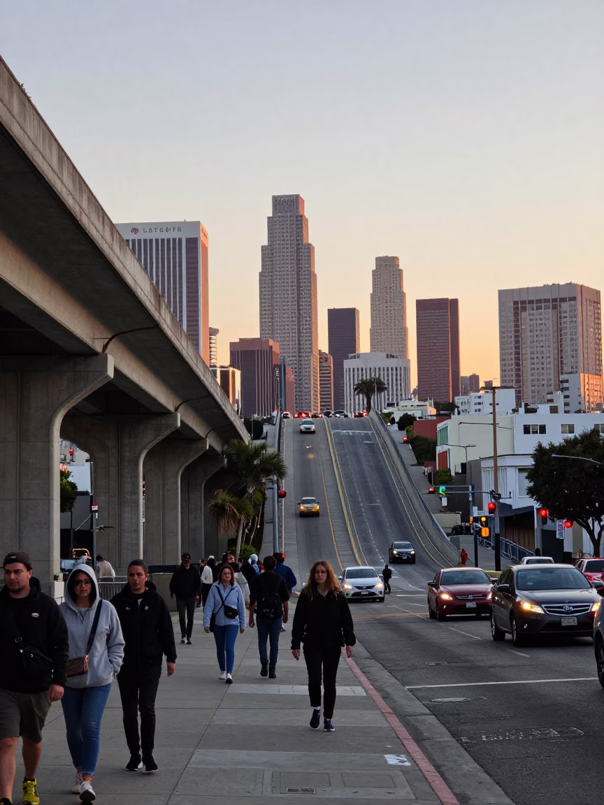 Los Angeles Sunset Overpass Ramp and City Skyline from Street Level View in in Los Angeles, California, United States