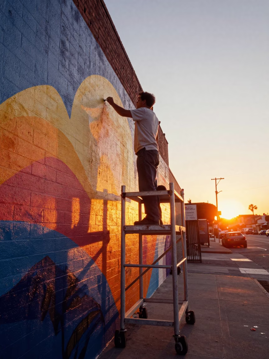 Los Angeles Sunset Street Mural Painting in California Golden Hour Light in in Los Angeles, California, United States