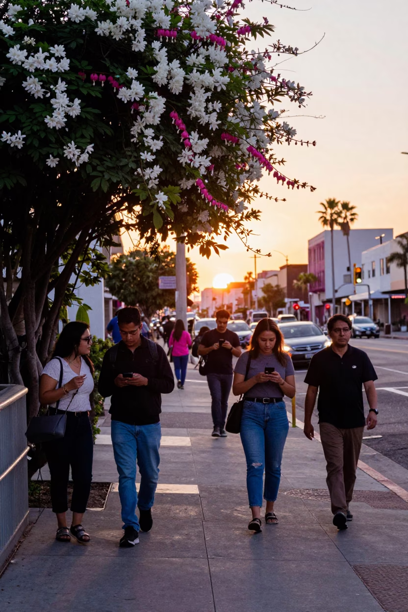 Los Angeles Sunset Street Scene with Bleeding Heart Vine and Busy Urban Activity in in Los Angeles, California, United States