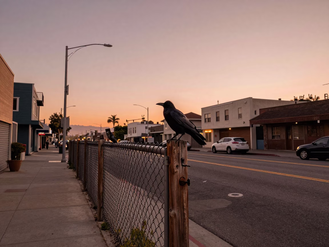 Los Angeles Sunset Street Scene with Crow on Fence and Bread Loaves in in Los Angeles, California, United States