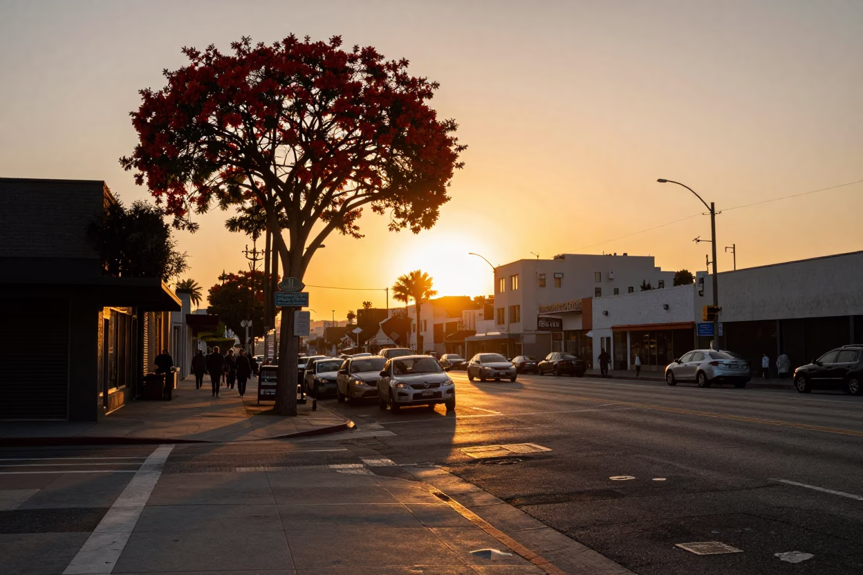 Los Angeles Sunset Street Scene with Flame Tree and Urban Activity in in Los Angeles, California, United States