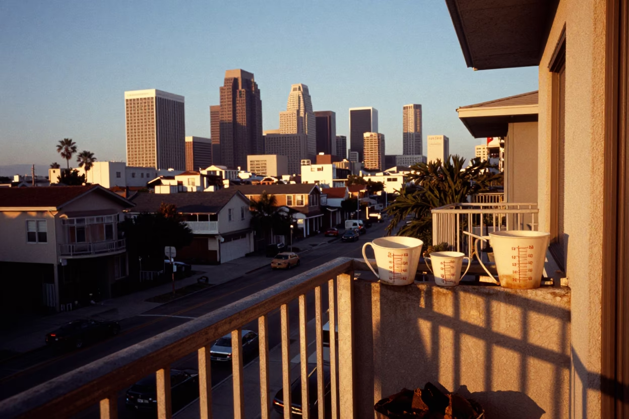 Los Angeles Sunset Street Scene with Measuring Cups on Balcony in in Los Angeles, California, United States