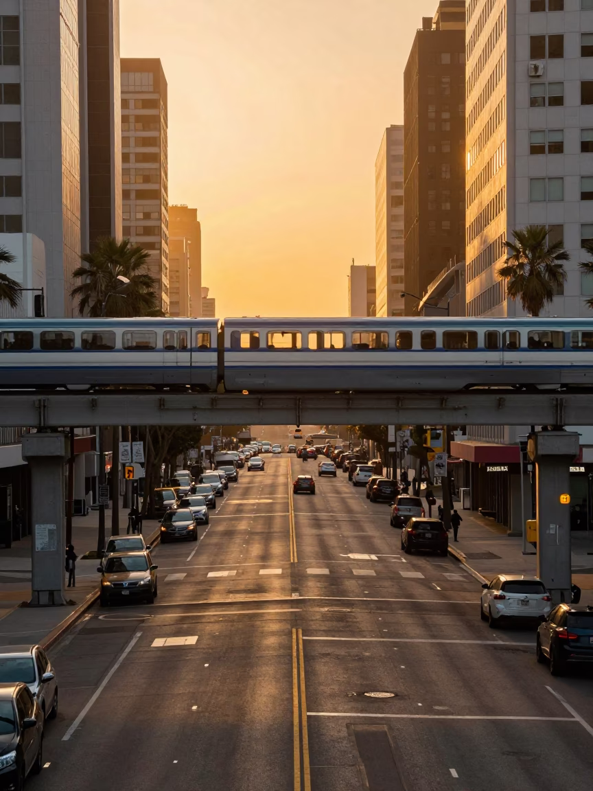 Los Angeles Sunset Street Scene with Monorail and Urban Infrastructure in in Los Angeles, California, United States