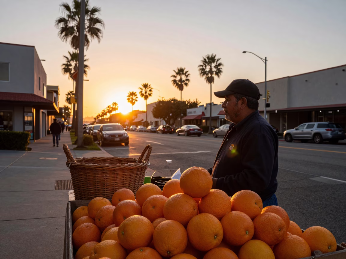 Los Angeles Sunset Street Scene with Oranges and Wicker Hamper in in Los Angeles, California, United States