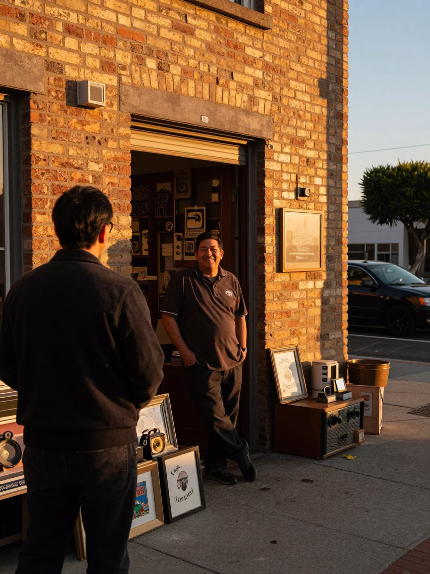 Los Angeles Sunset Street Scene with Shopkeeper and Vintage Items in in Los Angeles, California, United States