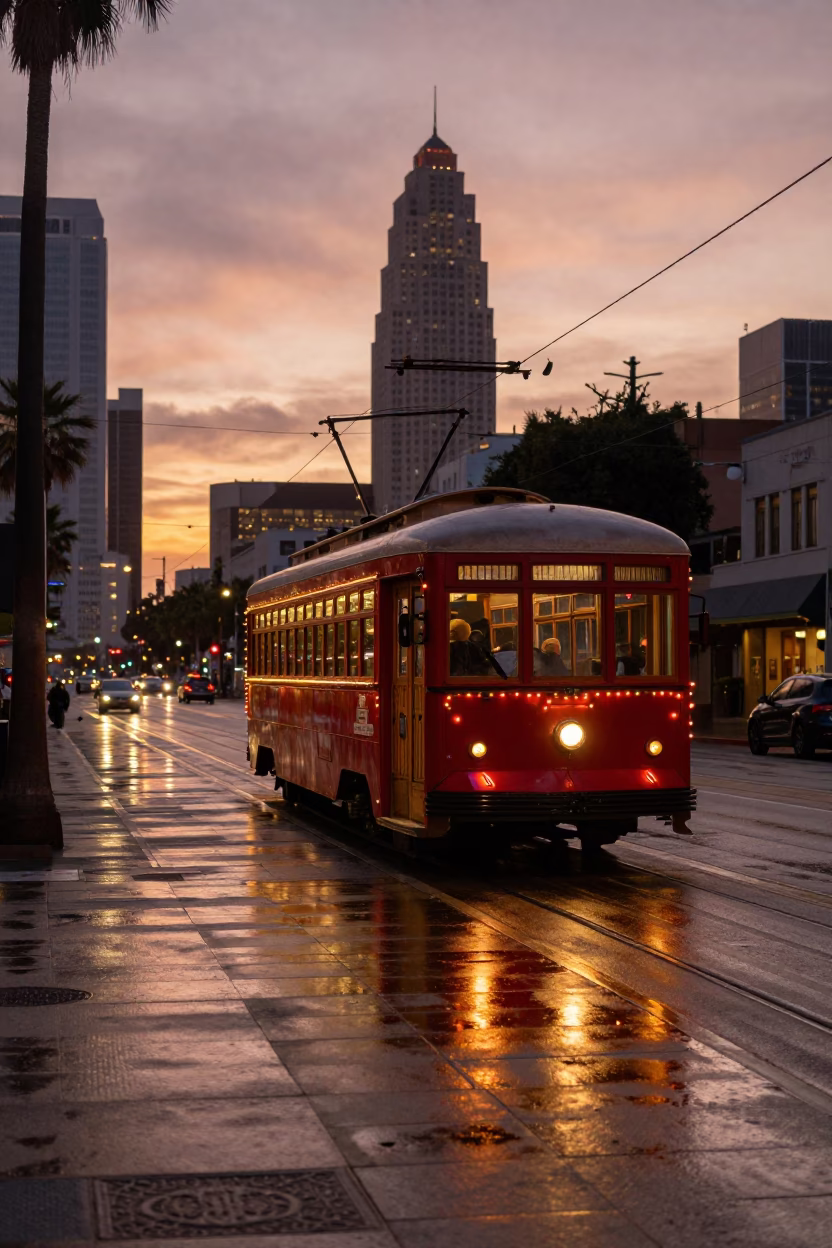Los Angeles Sunset Street Scene with Tramcar and City Lights Before Dusk in in Los Angeles, California, United States
