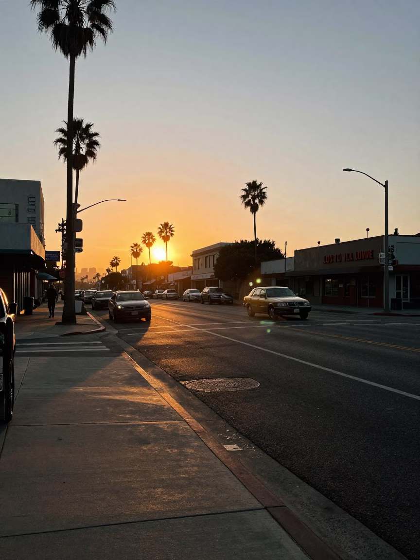 Los Angeles Sunset Street Scene with Vintage 1980s Aesthetic and Local Elements in in Los Angeles, California, United States