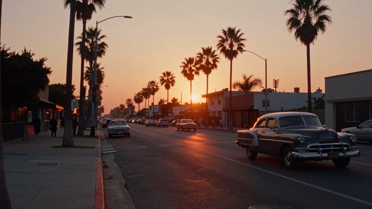 Los Angeles Sunset Street Scene with Vintage Car and Urban Life in in Los Angeles, California, United States