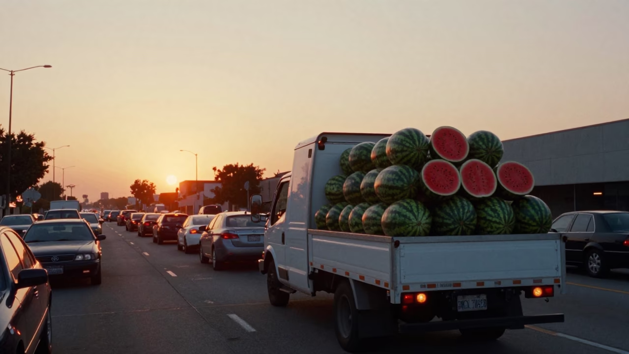 Los Angeles Sunset Traffic Jam with Watermelon Delivery Truck on Highway in in Los Angeles, California, United States