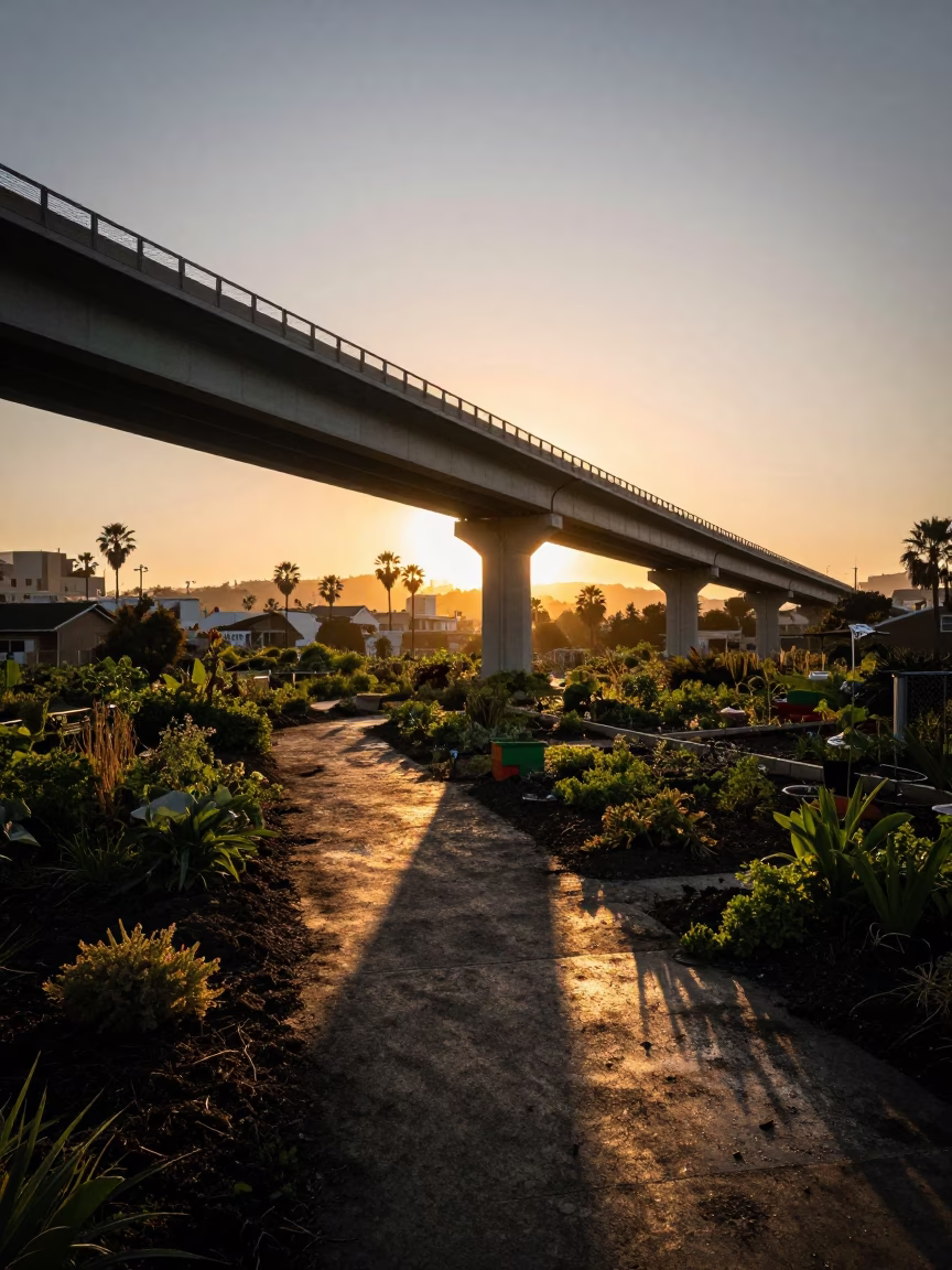 Los Angeles Sunset Viaduct Shadow Over Rain-Washed Allotment Gardens in in Los Angeles, California, United States