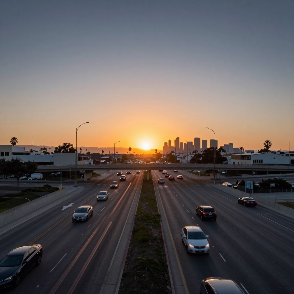 Los Angeles Taillight Streaks at As The Sun Drops Toward The Horizon in in Los Angeles, California, United States