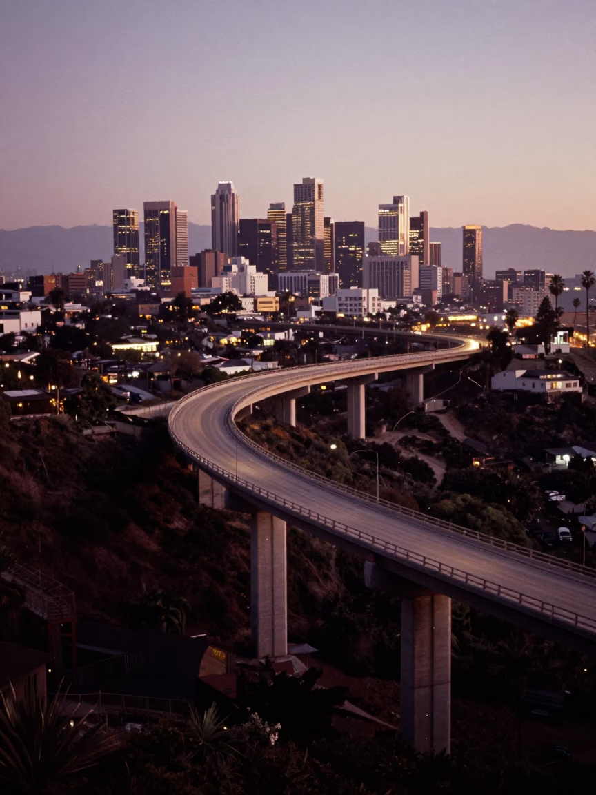 Los Angeles Twilight Concrete Viaduct Curving Over Valley Floor City Lights Glowing in in Los Angeles, California, United States