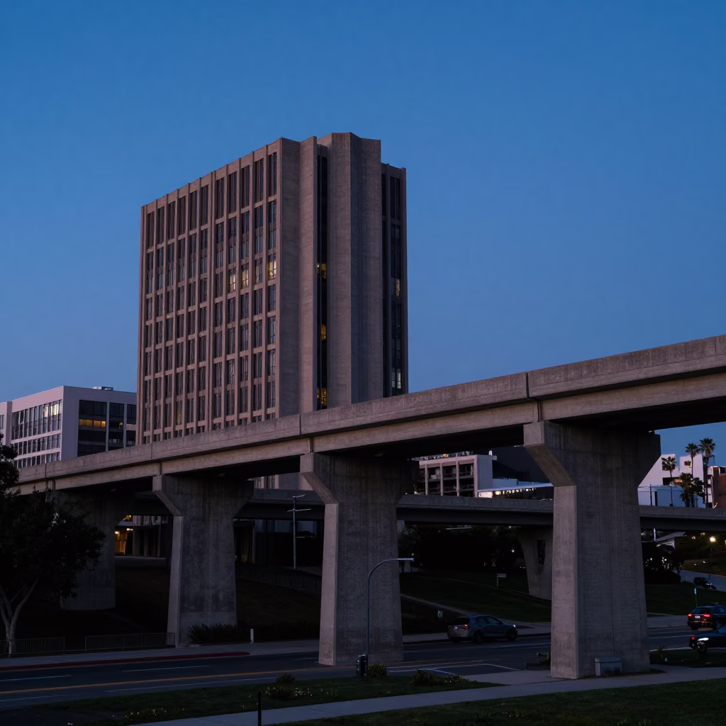 Los Angeles Twilight Scene With Concrete Brutalist Architecture And Viaduct Shadows in in Los Angeles, California, United States