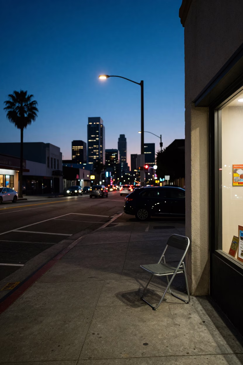 Los Angeles Twilight Street Scene with Folding Chair and Urban Details in in Los Angeles, California, United States