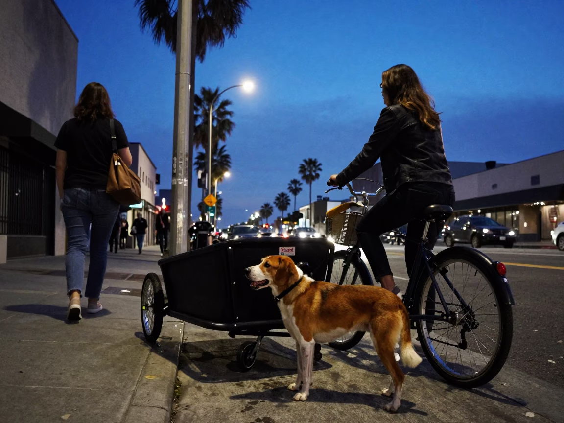 Los Angeles Twilight Street Scene with Redbone Coonhound and Urban Details in in Los Angeles, California, United States