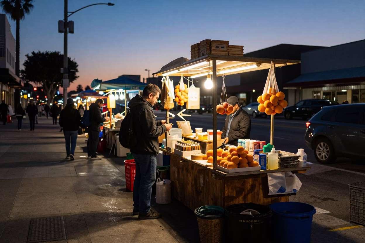 Los Angeles Twilight Street Scene with Tailor Shears and Apricots on Wooden Counter in in Los Angeles, California, United States