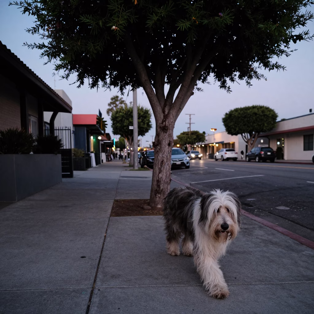 Los Angeles Twilight Street Scene With Tamarind Tree And Bearded Collie Walking On Sidewalk in in Los Angeles, California, United States
