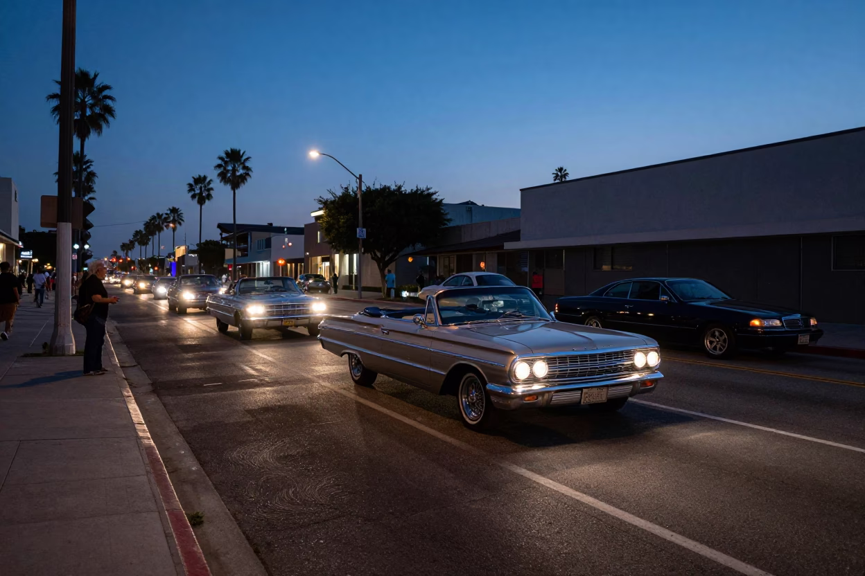 Los Angeles Twilight Street Scene with Vintage Car Rally and Wooden Tray in in Los Angeles, California, United States
