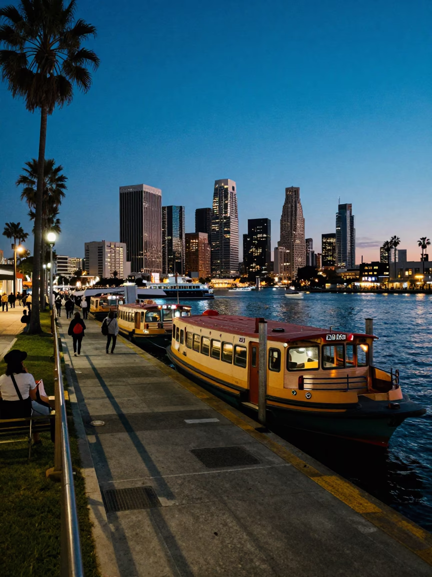 Los Angeles Twilight Street Scene with Water Taxi Dock and Urban Architecture in in Los Angeles, California, United States