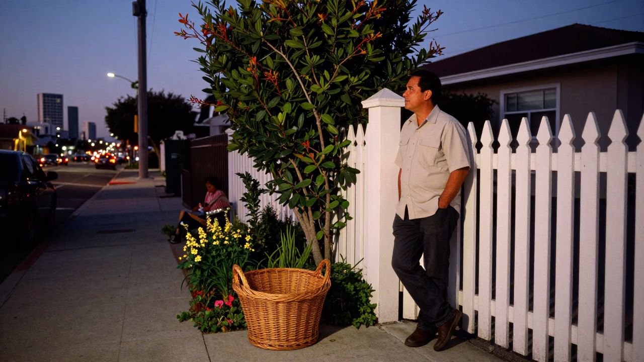 Los Angeles Twilight Street Scene with Wicker Hamper and Garden Gate in in Los Angeles, California, United States