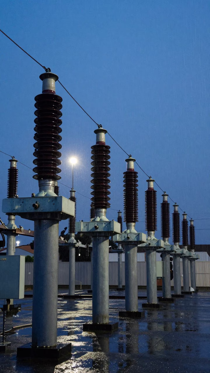 Los Angeles Twilight Substation Insulators Sparkling Under Floodlights in California in in Los Angeles, California, United States