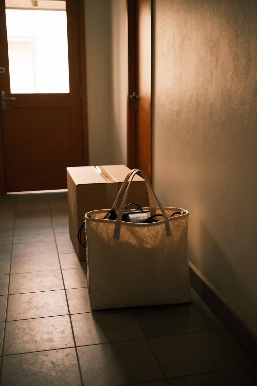 Lost Charger Tote in Cúa Corridor in in a quiet guest corridor in Cúa