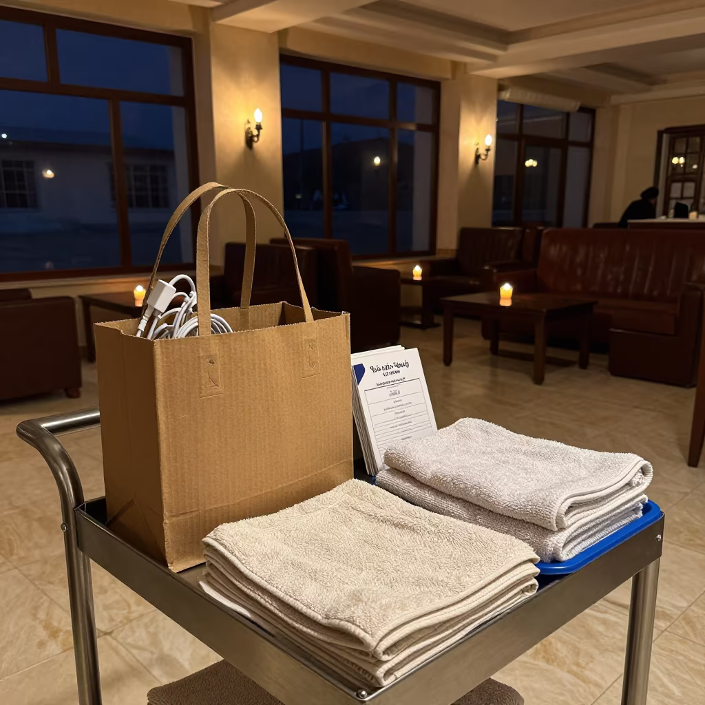 Lost Charger Tote in Jisr Lobby Evening Light in inside a hotel lobby in Jisr ash-Shughur