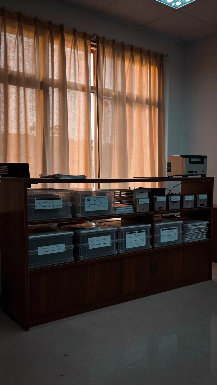 Lost and Found Shelf at Deir ez-Zor Office in at an office reception desk near Deir ez-Zor
