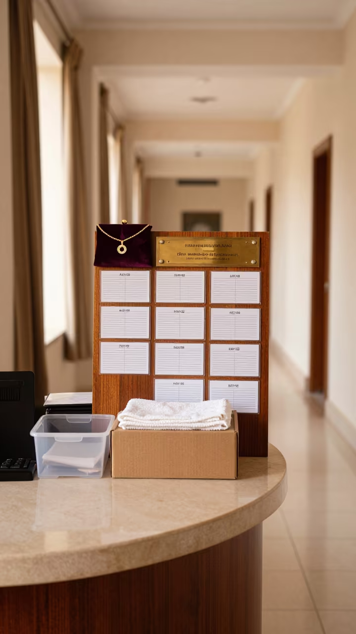 Lost Jewelry Pouch Board on Jaipur Corridor Desk in in a quiet guest corridor in Hawa Mahal Road, Jaipur