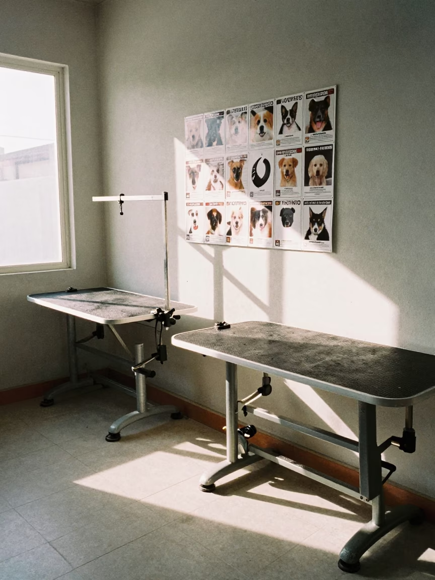 Lost Pet Flyer Board in Campeche Grooming Bay in inside a grooming bay in Campeche