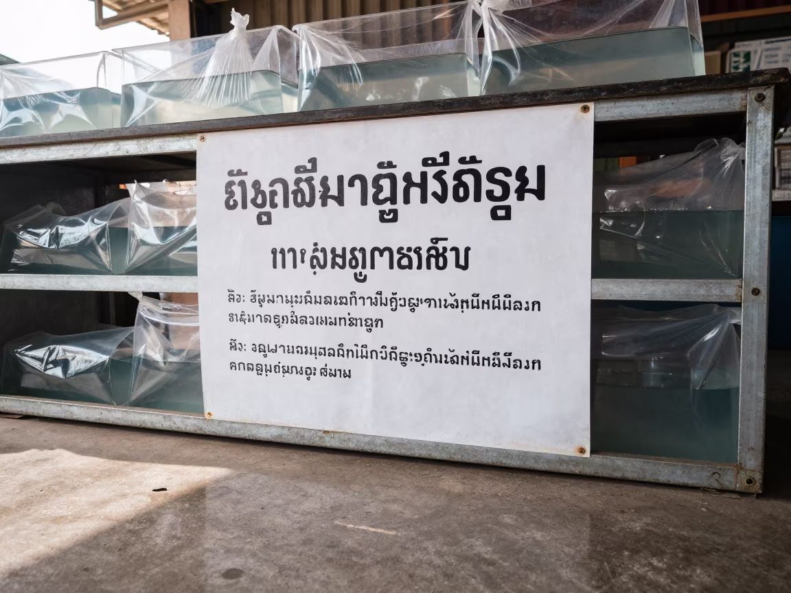Lost Pet Flyer on Fish Bagging Counter in inside a fish bagging counter zone in Monywa