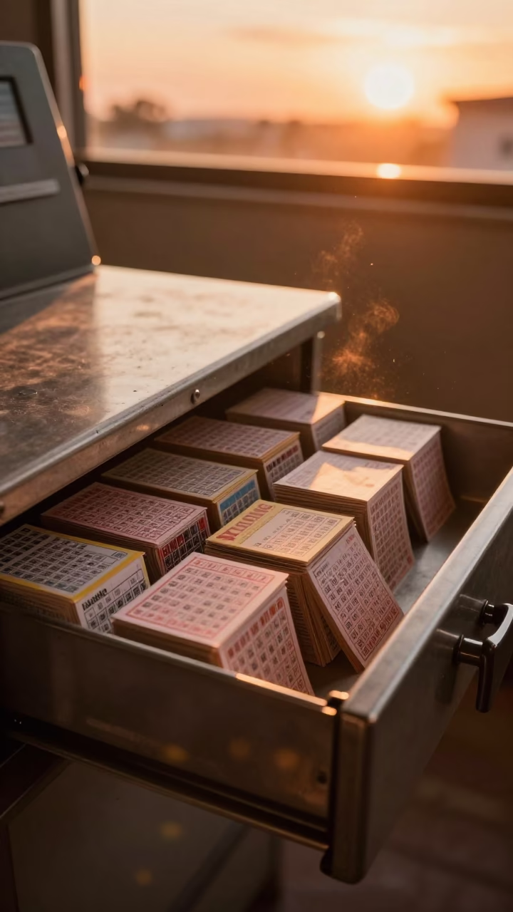 Lottery Restock Drawer in Huambo Service Desk in along a front-of-store display run in Huambo