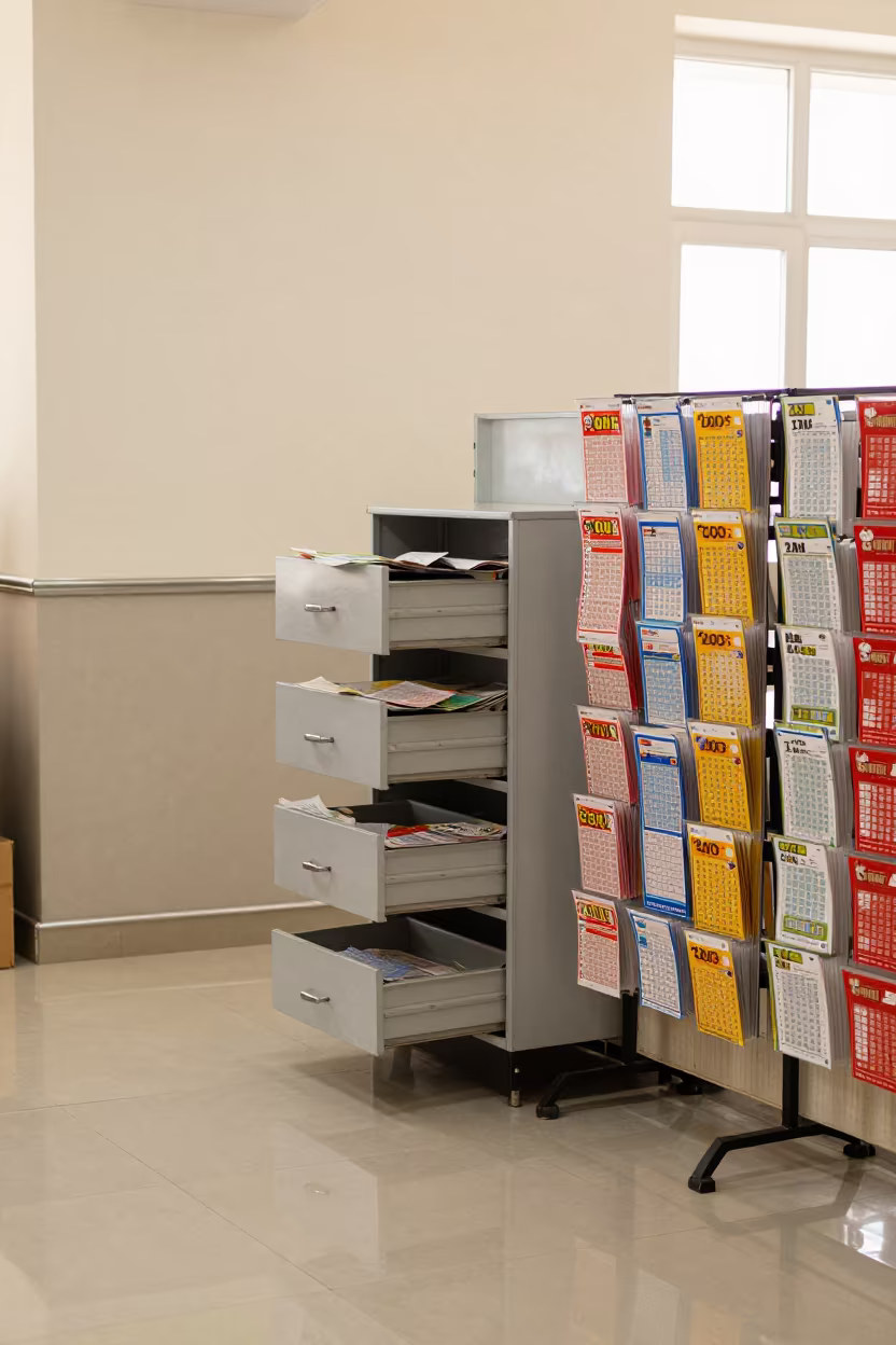 Lottery Ticket Restock Drawer in Shahrisabz in beside a seasonal endcap near the sales floor in Shahrisabz