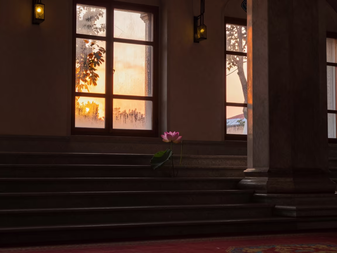 Lotus Bloom Between Stone Steps at Mosque Shrine in in a mosque prayer hall in Oral