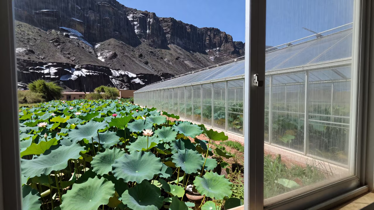 Lotus Bloom Beside Greenhouse Pane After Rain in along a salt-sprayed cliff edge near Ait Melloul