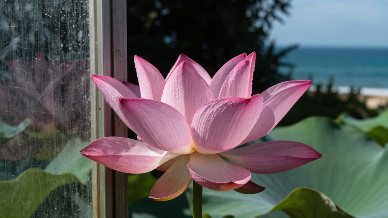 Lotus Bloom Beside Greenhouse Window Wet Season in near San Cristóbal