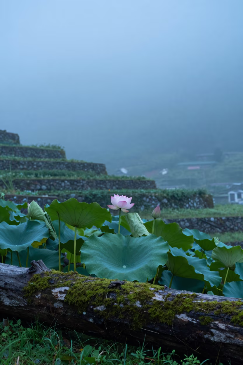 Lotus Bloom Mossy Log Dawn Mist Lombardy in among terraced garden plots in Lombardy