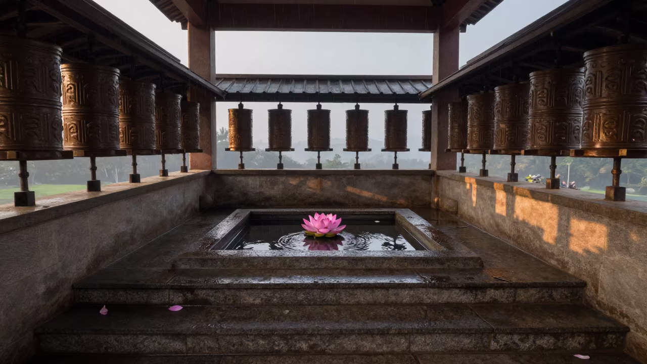 Lotus Bloom Between Stone Steps at Bulawayo Shrine in beside a prayer wheel corridor in Bulawayo