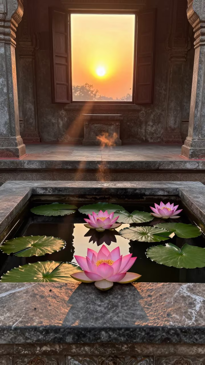 Lotus Bloom Between Stone Steps at Karachi Temple in at the foot of a stone altar in Karachi