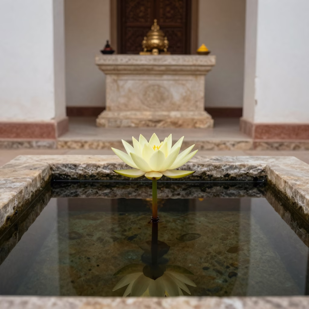 Lotus Bloom Between Stone Steps at Sanaa Shrine in at the foot of a stone altar in Sanaa