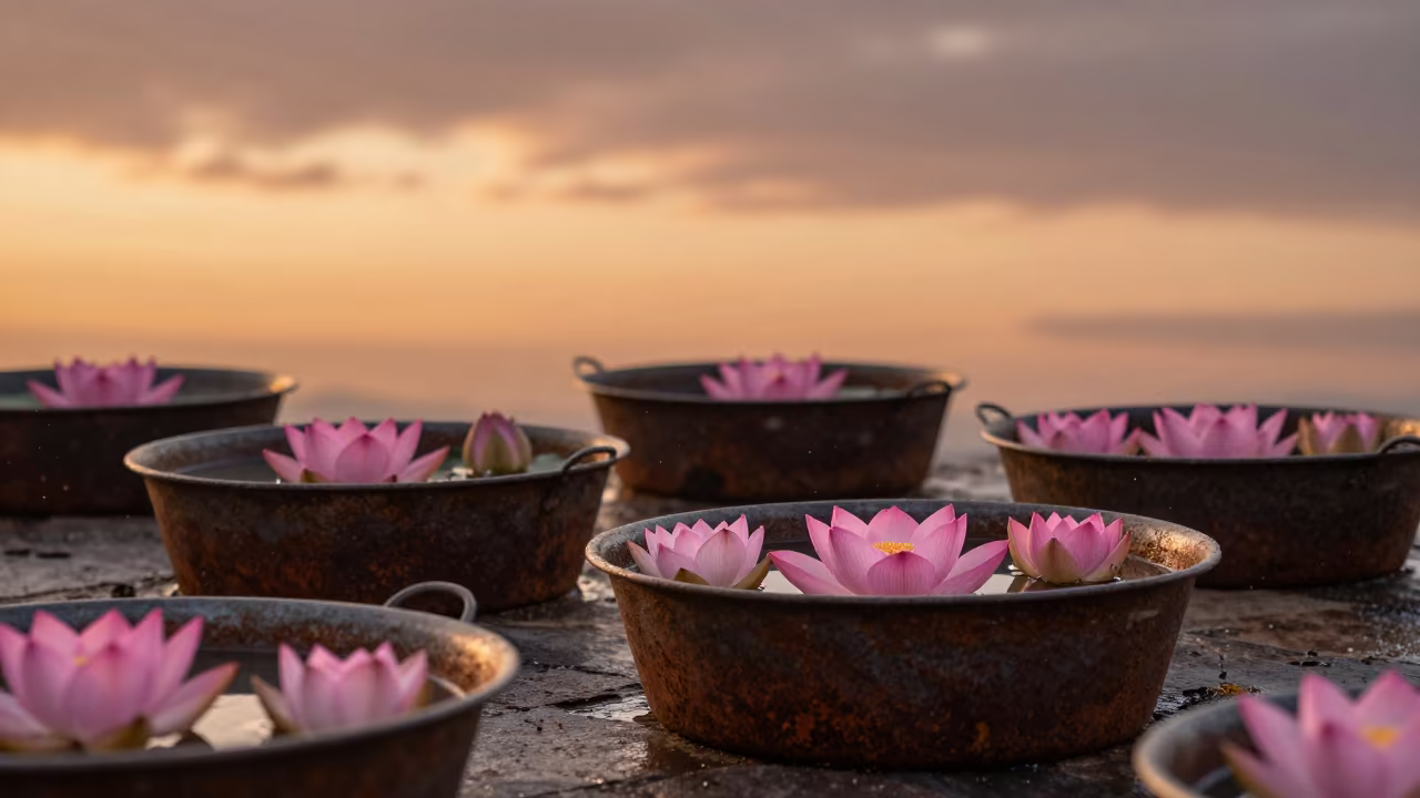 Lotus Blooms in Copper Light Before Dusk in near Salamanca, Madrid