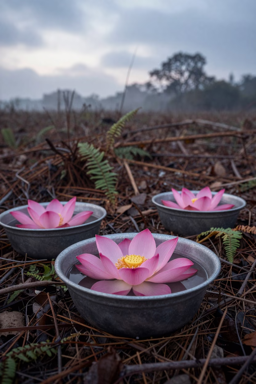 Lotus Blooms in Tin Basins on French Forest Floor in on a fern-lined forest floor in France